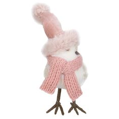 a stuffed bird wearing a pink scarf and hat