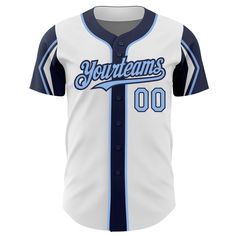 Custom White Light Blue-Navy 3 Colors Arm Shapes Authentic Baseball Jersey Baseball Jersey Men, Logo Wear, St. Patricks Day, Blue Football, Alpha Kappa Alpha, Number 3, Baseball Shirts, Baseball Jersey, Button Design