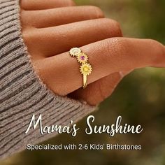 This personalized Sunflower Ring is a perfect gift for mom, grandma, family, friend, or just anyone who wants a reminder of their loved ones! It's fun to choose the colored stones to represent all of the ones you care about. May Birthstone Flower Ring As A Gift, Adjustable Flower-shaped Jewelry For Anniversary, Adjustable Flower Shaped Jewelry For Anniversary, Customizable Flower-shaped Jewelry For Personalized Gift, Customizable Flower Shaped Jewelry For Personalized Gift, Sunflower Design Jewelry For Mother's Day, Yellow Gold Flower Ring With Birthstone For Gift, Customizable Flower Shape Jewelry For Gift, Anniversary Sterling Silver Flower Ring For Mother's Day