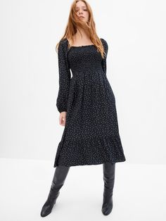 Smocked Squareneck Midi Dress | Gap Factory Fall Dresses With Smocked Cuffs And Square Neck, Fall Smocked Dress With Square Neck And Smocked Cuffs, Fitted Tiered Smocked Dress For Fall, Fitted Midi Dress With Smocked Cuffs And Square Neck, Fall Smocked Top With Square Neck, Fall Smocked Dress With Ruffles And Square Neck, Casual Smocked Dress With Elastic Sleeves And Square Neck, Casual Smocked Dress With Square Neck And Elastic Sleeves, Fitted Smocked Dress With Elastic Square Neckline