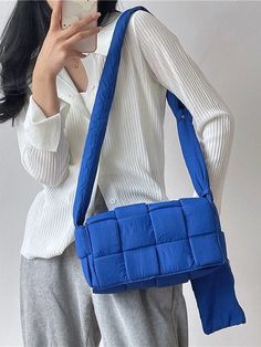 Style Notes puffy nylon fabric braided design adjustable crossbody strap matching pouch bag modern design lined imported Dimensions 11.4", 6.3", 2.8" Puffer Bag, Pillow Bag, Blue Puffer, Oxford Style, Woven Pillows, Braid Designs, Design Pillow, 2023 Autumn, Amazon Products