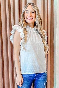 Get ready to turn heads in the 'Happy With You' blouse! It's tailored with a swiss dot pattern, layered flutter sleeves and a pintucked neckline for a feminine touch. Pull your look together with strappy warm-weather sandals, and you can head out with confidence knowing that you look your best! 95% Polyester, 5% Spandex Want to view this on the *Live* Sizing & Styling Guide?! Watch it in the photo section above or click here! *You will need to scan through to find this specific item on the video Chic Polka Dot Swiss Dot Tops, Chic Swiss Dot Polka Dot Tops, Elegant Polka Dot Summer Blouse, Spring Polka Dot Swiss Dot Blouse, Chic Swiss Dot Tops For Day Out, Feminine Polka Dot Swiss Dot Blouse, Chic Polka Dot Blouse With Ruffles, Chic Swiss Dot Top For Summer, Elegant Flutter Sleeve Blouse For Day Out