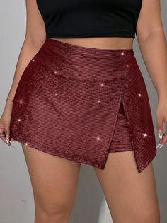 Plus Size Shiny Dripping Gloss Party Shorts, Casual For Daily Wear Burgundy Party   Coated Fabric Plain,All Over Print Skort Medium Stretch  Women Plus Clothing, size features are:Bust: ,Length: ,Sleeve Length: Burgundy Party, Party Shorts, Long Sleeve Denim Jacket, Plus Size Fall, Jupe Short, Hottie Women, Shorts Casual, Plus Size Skirts, Plus Size Shorts