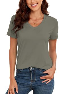 PRICES MAY VARY. Soft and Breathable Material --- Solid Basic V Neck T Shirts for women made by 90%Polyester,10% Spandex,super soft, comfortable, lightweight fabric is perfect for daily Wear or Underwear,Casual Daily/ Working out /Travel/ Home/ Vacation/ Shopping/ Street/ Party/ Outdoor/ Club to Wear，stays cool to the touch. Sun Protection --- UPF 50+ rating on this women Olive Green t shirts for great sun protection, Blocking Harmful Ultraviolet UVA and UVB rays,you can wear it all day even for Best Basic Tees For Women, Olive Green T Shirt, Vacation Shopping, Outdoor Club, Basic T Shirts, Trendy Tops For Women, Party Outdoor, Street Party, Ladies Tee Shirts