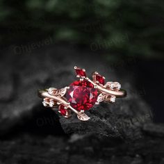 "This is a round 6.5mm  1ct lab red ruby engagement ring in solid gold,  The accent stones are lab red ruby and diamonds or moissanites. The band width is about 1.3mm. It can be made in any ring size. However please contact me to custom make it to a special big or small size. It can be made in white gold,rose gold or yellow gold with 14k or 18k. However for some people who are nickel allergic,I can also make it to 925 sterling silver to make you can wear it. The ring is handmade,very high quality! 30 days money back guarantee. Returns & Warranty 30-Day money back guarantee (starting from the day of delivery). \"Made to Order\" purchases qualify for our 30-day money back guarantee. The 30-day money back guarantee gives you time to make sure your purchase is perfect. If you need to  return i Red Engagement Ring, Red Diamond Ring, Garnet Ring Vintage, Ruby Wedding Rings, Rose Gold Leaf, Garnet Engagement Ring, Natural Ruby Ring, Red Garnet Ring, Red Ring