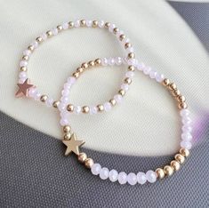 Pink bracelets 2 pcs/stack, made with natural quartz beads ,golden and golden-rose stars, women beautiful bracelet, a gift jewelry, friendship bracelets, they just make for a beautiful gift on any occasion ! Pink quartz 4mm beads bracelet with 6mm golden star and 4 mm golden beads, suitable for special occasions or causal daily wear. It is made on quality elastic band especially for jewelries, made with care and love.  Can be a beautiful gift for an elegant woman or girl. It can be customize for every size of the wrist and it can be personalized with an initial or full name. Bracelets are amazing jewelry pieces for men and women everywhere and in every culture; Are perfect for all occasions and you can wear them on a daily basis as well. They are extremely graceful, classy and fun, and gai Pink Bracelets, Bracelets Stack, Jewelry Friendship, Golden Beads, Women Bracelet, Golden Star, Golden Rose, Quartz Beads, Gift Jewelry