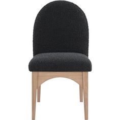 an upholstered chair with black fabric on the back and wooden legs, against a white background