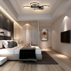 a modern bedroom with wood floors and white furniture, including a large bed on the side