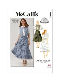 McCall's Pattern M8463 Vintage McCall's 1980's by Laura Ashley. Pullover blouse has tucked front, buttoned front opening, collar with ruffle and sleeves with gathered cap; long sleeves are gathered into buttoned cuffs, shorts sleeves have tucks and ruffle. Unlined, buttoned vest has patch pockets, back tie belts and top-stitch trim. Tiered skirt has tucks, hemline ruffle and elastic in waistline casings. Petticoat has ruffle with lace or eyelet trim and elastic in waistline casing. Size: 8-16 New and Unused. Overskirt Dress, Laura Ashley Patterns, Tie Belts, Elastic Casing, Western Skirts, Vest Skirt, Mccalls Sewing Patterns, Bow Dress, Vintage Rock