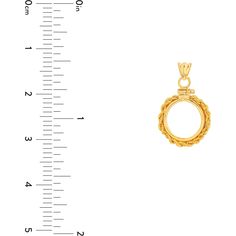 Celebrate the art of fine jewelry with the exquisite craftsmanship of the Canadian Maple Leaf 1/10 Oz Coin Bezel by Olas d'Oro. This piece is a fusion of art and elegance, designed to enhance and protect your treasured Canadian Maple Leaf coin. Crafted in lustrous 14K yellow gold, this bezel exudes luxury and sophistication.Experience the allure of the intricate rope screw design that secures your coin with both style and grace. The bezel's secure closure is ensured by a bail, providing you with Gold Round Pendant With Elegant Design, Gold Round Pendant Jewelry With Elegant Design, Yellow Gold Oval Jewelry With Elegant Design, Fine Jewelry In Yellow Gold With Elegant Design, Yellow Gold Fine Jewelry With Elegant Design, Timeless Round Pendant Jewelry With Spring Ring Clasp, Formal Jewelry With Spring Ring Clasp And Round Pendant, Formal Round Wheat Chain Necklace, Formal Gold Jewelry With Bail