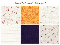 four different patterns with the words speckled and stamped on them in red, orange, blue, and white