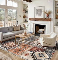 a living room filled with furniture and a fire place in the middle of a room