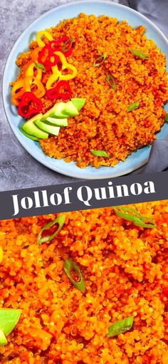 two plates filled with food and the words jollor quinoa on them