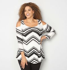 Shop the latest plus size blouses for spring in sizes 14-32 like the Chevron Cold Shoulder Blouse available online at avenue.com. Avenue Store Cold Shoulder Blouse, Chevron Print, Plus Size Blouses, Real Women, Women Style, Cold Shoulder, Plus Size Outfits