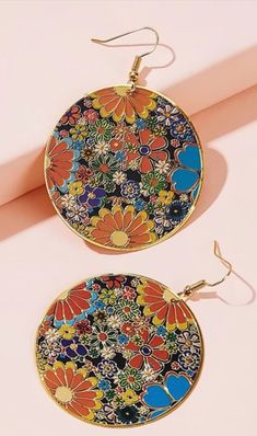 2.4in height Alloy Floral print Round circle Retro Multicolor Drop Earrings, Multicolor Nickel-free Retro Jewelry, Retro Multicolor Nickel-free Jewelry, Multicolor Retro Festival Jewelry, Retro Multicolor Jewelry For Festivals, Colorful Retro Earrings For Gifts, Colorful Retro Earrings For Gift, Colorful Trendy Earrings For Festival, Trendy Colorful Earrings For Festival