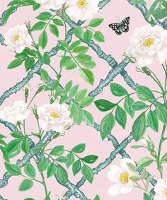 a pink wallpaper with white flowers and green leaves