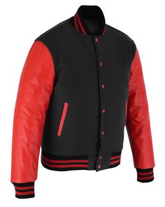 Varsity Letterman Baseball BLACK Wool and Red Genuine Leather Sleeves Jacket with Red Trims If your required Size & Color Combination is not listed then please contact with us We will respond you as soon as possible the estimated time is 12 Hours, All Sizes & Color Combinations are Available. The quality of the varsity jacket is the finest in the field. 100% high quality Wool. A fine quilt lining with Wool trimmed inside pocket are all part of the complete package. Each varsity jacket design is Classic Black Varsity Jacket With Padded Collar, Red Varsity Jacket For Winter, Black Streetwear Outerwear With Contrast Trim, Black Outerwear With Contrast Trim For Streetwear, Classic Red Varsity Jacket For Winter, Fitted Black Varsity Jacket With Padded Collar, Classic Red Varsity Jacket For College, Classic Red Varsity Jacket For Streetwear, Fitted Black Outerwear With Contrast Trim