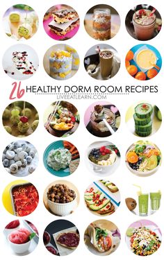 a collage of healthy dorm room recipes with pictures of different foods and drinks in them