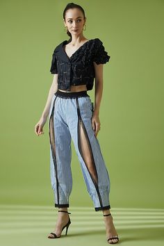 Blue Cotton Embroidered Pants Design by NOTRE AME at Pernia's Pop Up Shop 2023 Blue