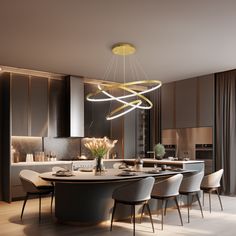 a dining room table with chairs and a chandelier hanging from the ceiling