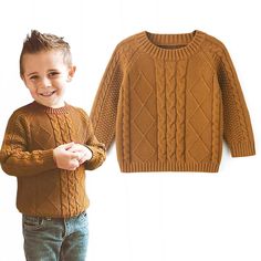 a young boy standing next to a brown sweater