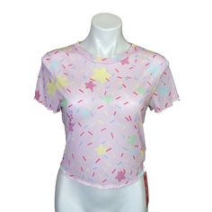 A Light Pink Sheer Mesh Star Print Short Sleeve Tee From Romwe. * Condition: Pre-Owned Consignment W/ Tags * Size: L * Pit To Pit: 18" * Length: 19" Decora Clothes, Kawaii Kidcore, Goth Shorts, Clown Core, Pastel Kawaii, Graphic Crop Top, Pink Sheer, Rose T Shirt, Purple T Shirts