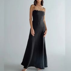 Free People X Summer Away Napa Linen Scalloped-Neck Maxi Dress In Black Size Medium. New With Tags. Straight Neckline - Embroidery Detail At Neck - Sleeveless - Side Zipper - Full Length - Slim Fit Neckline Embroidery, Straight Neckline, Embroidery Details, Free People Dresses, Side Zipper, Full Length, Free People, Slim Fit, Maxi Dress