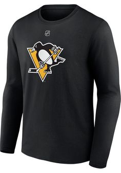 Show off your favorite player in this Pittsburgh Penguins Black Primary Erik Karlsson Long Sleeve Player Tee! This Player T Shirt features a screen printed team logo on the front, player name and number on the back, so everyone will know you cheer for Pitt Penguins, Erik Karlsson! This is the perfect Penguins Player Tee for wearing on cool game days. Go Penguins! Screen printed team logo on chest, Screen printed player name and number on back, Fanatics Logo at back neck, Long sleeve crew neck te Black Crew Neck Top With Team Logo, Black Tops With Team Logo Fan Apparel, Black Fan Apparel Tops With Team Logo, Black Fan Apparel Top For Game Day, Black Fan Apparel Tops For Game Day, Black Fan Apparel Tops For Sports, Black Sports Fan Top For Fan Gear, Black Tops For Sports Season Fan Merchandise, Black Tops For Sports Season Fan Gear