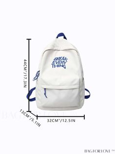 BagForLove - Classic Embroidered Letter Graphic Backpack for Students: Ideal for College, University, and High School Product Description Color White Strap Type Adjustable Details Embroidery Composition 10% Polyester Pattern Type Letter Bag Size Medium Material Polyamide Style Preppy Closure Type Zipper Type Classic Backpack Size Chart INCH CM Handle Height Strap Length Bag Height Bag Width Bag Length 3.1 inch 35.4 inch 17.3 inch 5.1 inch 12.6 inch Handle Height Strap Length Bag Height Bag Width Letter Bag, Style Preppy, College University, Classic Backpack, 4 Inch, High School, Color White, University, Backpacks