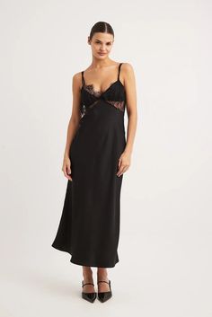 Satin Lace Detail Midi Dress Black | NA-KD Midi Dress With Built-in Bra For Night Out, Satin Midi Length Dresses With Lace Trim, Chic Slip Dress With Contrast Lace For Night Out, Satin Midi Dress With Adjustable Straps, Adjustable Straps Midi Dress For Date Night, Spring Lace Dresses With Built-in Bra, Chic Midi-length Slip Dress With Built-in Bra, Sleeveless Spring Dress With Lace Closure, Night Out Midi Slip Dress With Built-in Bra