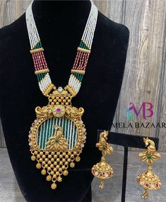 Fine handcrafted designer necklace and earrings set from Jaipur, India ! Long Indian Necklace, Ram Bhagwan, Golden Necklace, Indian Necklace, Designer Necklace, Gold Ring Designs, Necklace And Earrings Set, Jaipur India, Set Free