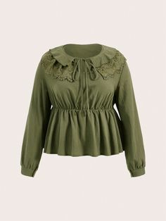 Verde militar Casual Collar manga larga Tela tricotada Liso peplum Embellished No-Elástico Plus Size Blouses, Sheer Blouse, Plus Size Tops, Ruffle Hem, Plus Clothing, Army Green, Woven Fabric, Length Sleeve, Blouses