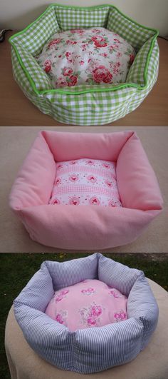 three dog beds in different colors and patterns