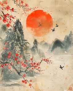 Vintage Art of Japanese Landscape with Birds and Cherry Blossom Tradition Japanese Art, Modern Japanese Painting, Vintage Japanese Painting, Landscape Japanese Art, Japanese Landscape Illustration, Chinese Artwork Traditional, Traditional Japanese Ink Painting, Traditional Japanese Cherry Blossom Art