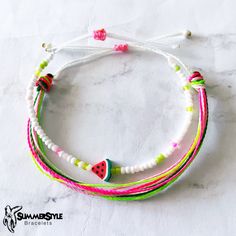 YOU CAN NOW SHOP ON MY NEW WEBSITE! www.summerstylebracelets.com This wax cord bracelet pack is the perfect gift for the watermelon lover in your life! Feels like summer year round! Completely waterproof, adjustable so it will fit any size wrist. Just pull to close. All of my friendship bracelets are made with 100% cotton embroidery floss & my water proof jewelry is made with 100% waxed polyester cord. Any other supplies I use are all natural & eco friendly & everything is made in a smoke-free & Pink Resizable Beaded Bracelets For Summer, Summer Pink Resizable Beaded Bracelets, Pink Resizable Bracelets For Summer, Pink Resizable Friendship Bracelet For Summer, Casual Braided Bracelets For Summer Vacation, Resizable Pink Friendship Bracelet For Summer, Pink Bohemian Braided Bracelets For Summer, Bohemian Pink Braided Bracelets For Summer, Adjustable Friendship Bracelets For Summer Vacation