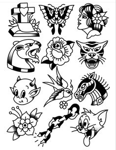 an assortment of tattoo designs in black and white, including cats, flowers, and birds