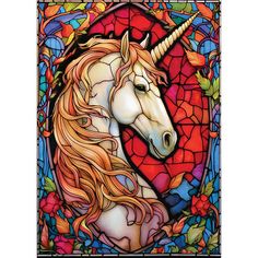 a stained glass window with a unicorn on it's face and long manes