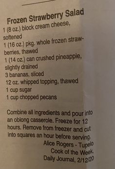 a menu listing frozen strawberry salad