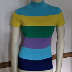 New With Tags 7th Avenue Design Studio By New York & Company Knit Multicolor Pullover Top Size Medium. Cowl Neckline, Short Sleeve, Bright, Vibrant Horizontal Stripes. Vertical Ribbed Stretch Blend Knitwear. Super Soft Rayon Blend Knit, Has Stretch For A Form Fitted Look In Perfect Condition No Flaws Noted. Measuring 24 Inches Long, 16.5 To 21 Armpit To Armpit, 13.5 To 17 Across Shoulders. Please Ask Any Questions Thanks! Studio Knit, Avenue Design, Mock Turtleneck Sweater, Tie Dye Sweater, Cashmere Turtleneck, Knit Turtleneck Sweater, Wool Turtleneck, Cowl Neckline, Comfy Sweaters