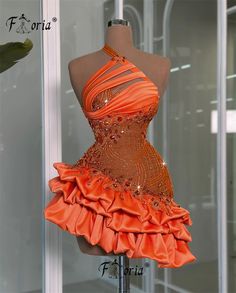 Orange Shimmering Crystal Stones Short Prom Dress Beaded Asymmetrical Tired Ruffles Cocktail Prom Dress Beaded, Homecoming Party, Dress Asymmetrical, Short Prom Dress, Dress 2024, Short Prom, Crystal Stones, Asymmetrical Design, Beaded Dress