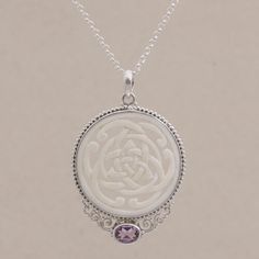 Amethyst Sterling Silver and Bone Pendant Necklace from Bali 'Circle of Power' - Road Scholar World Bazaar Amethyst Pendant Necklace, Amethyst Necklace Pendant, Bone Pendant, Elegant Pendant, Amethyst Pendant, Rolo Chain, Jewelry Packaging, Amethyst Stone, Celtic Knot