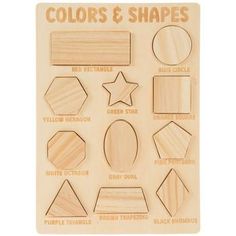 wooden shapes and shapes for crafts on a white background with the words colors and shapes