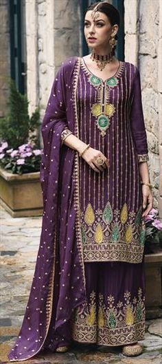 Purple and Violet color Salwar Kameez in Art Silk fabric with Embroidered, Resham, Thread, Zari work Palazzo Suits Indian, Plazzo Suits, Designer Salwar Kameez, Palazzo Suit, Sharara Suit, Ghagra Choli, Suits Design, Ethnic Looks, Party Kleidung