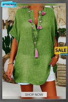 Womens Linen Tunic Tops Short Sleeve Loose Fitting Daily Casual Plain Button Up Basic Tops V-neck Blouse With Buttons For Beach, V-neck Beach Blouse With Buttons, Green V-neck Blouse With Buttons, Green Solid Color Beach Top, Green Buttoned Tops For Vacation, Green Tops With Buttons For Vacation, Green Vacation Tops With Buttons, Green Button-up Blouse For Beach, Bohemian Green Tops With Buttons