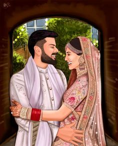 Anushka Virat, Couple Illustration Wedding, Bride And Groom Cartoon, Wedding Couple Cartoon, Wedding Card Design Indian, Wedding Caricature, Digital Invitations Wedding, Indian Wedding Invitation Cards, Corel Painter