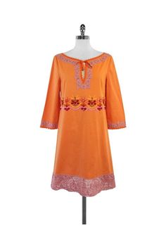 Current Boutique-Philosophy di Alberta Ferretti - Orange & Pink Embellished Tunic Dress Sz 6 Orange Long Sleeve Dress With Floral Embroidery, Fitted Cotton Embellished Dresses, Spring Embellished Dress With 3/4 Sleeves, Fitted Embroidered Dress With 3/4 Sleeves, Spring Fitted Dress With Embroidered Neckline, Fitted Embroidered Dress With Neckline Detail For Spring, Orange Embroidered Fitted Dress, Fitted Orange Embroidered Dress, Fitted Embroidered Orange Dress