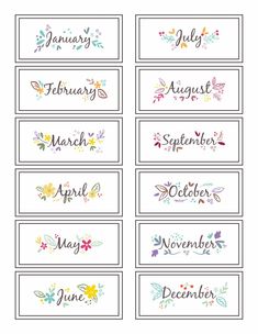 months of the year name labels with flowers and leaves on them, set of 12