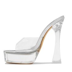 These mules feature transparent heels and platforms that exude elegance and sophistication. The square-toe design adds a touch of modernity, making them an ideal choice for any occasion. Crafted with high-quality materials, these sandals offer durability and long-lasting wear. The elevated platform provides stability and support. The perfect blend of style and comfort for women who want to make a statement. Color: Transparent Heel Type: Flared heel Heel height: 5.9" / 150 mm approx Product measu Modern Clear Platform Heels, Modern High Heel With Translucent Outsole, Trendy Formal Heels With Translucent Outsole, Modern Clear Heels With Padded Heel, Modern Clear Heels With Clear Strap, Modern Clear Strap Heels, Clear Heels With Translucent Outsole And Open Heel, Clear High Heels With Transparent Straps, Clear Heels With Translucent Outsole