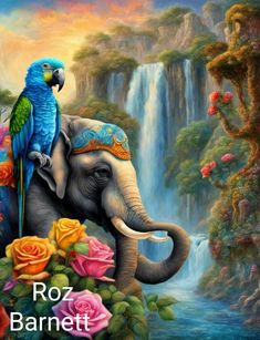 a painting of an elephant with a parrot sitting on it's back next to a waterfall