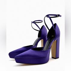 Heeled Platform Shoes Chunky Heeled Platform Fabric Shoes With Pointed Toe. Buckled Strap Closure At Ankle. Heel Height: 4.7 Inches (12 Cm) Shoes Chunky, Denim Heels, Purple Heels, Zara Heels, Basic Heels, Embellished Heels, Red High Heels, Velvet Heels, Rhinestone Heels